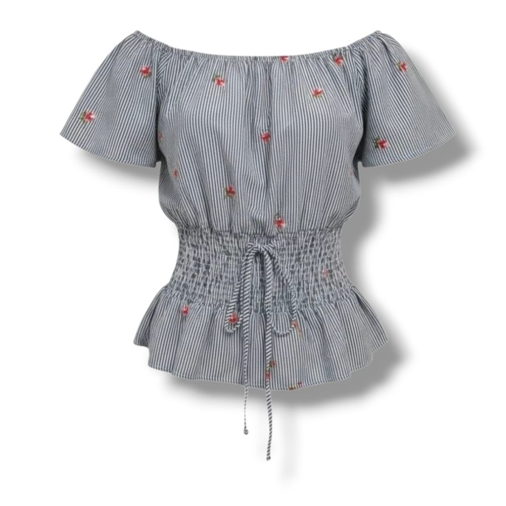 Kontrol Contemporary women's embroidery Roses & smocked tie- up waist blouse